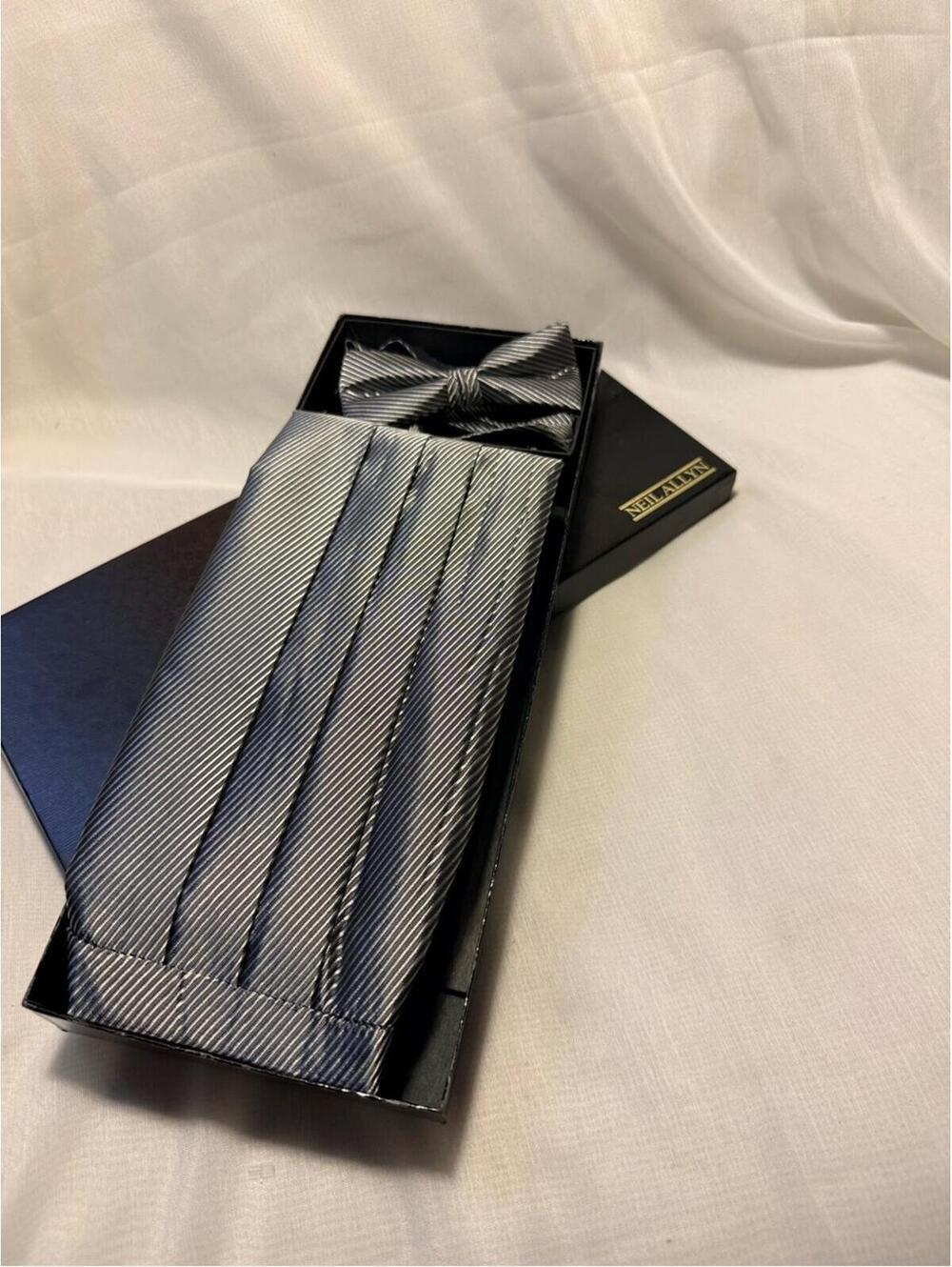 Men's Silver Striped Cummerbund and Bow Tie Set
